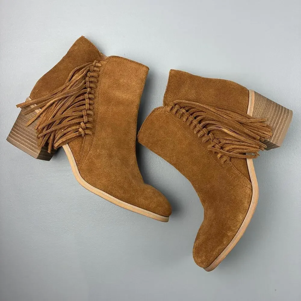 Kenneth Cole Reaction Rowdy Brown Suede Ankle Boots with Fringe Detail Sz 7.5